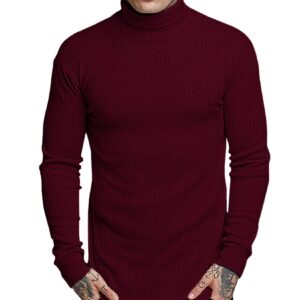 Amussiar Men's Slim Fit Base Layer Shirts Casual Ribbed Tops Thermal Turtleneck Pullover Sweater Wine Red