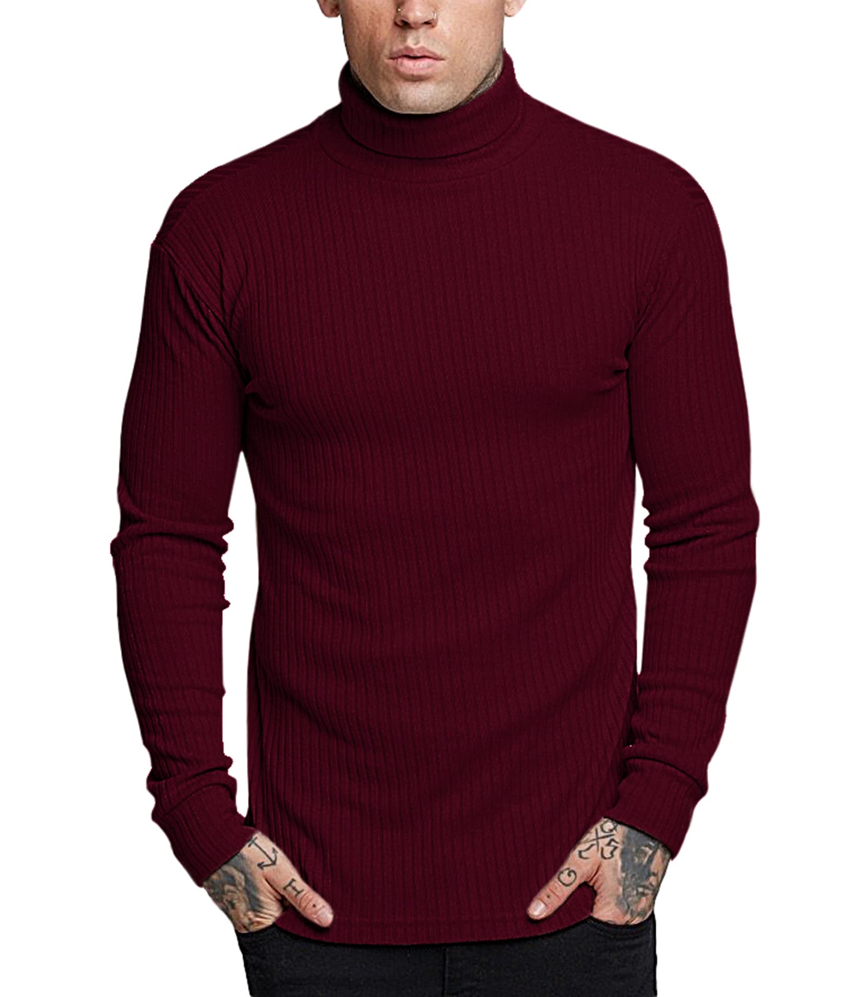 Amussiar Men's Slim Fit Base Layer Shirts Casual Ribbed Tops Thermal Turtleneck Pullover Sweater Wine Red