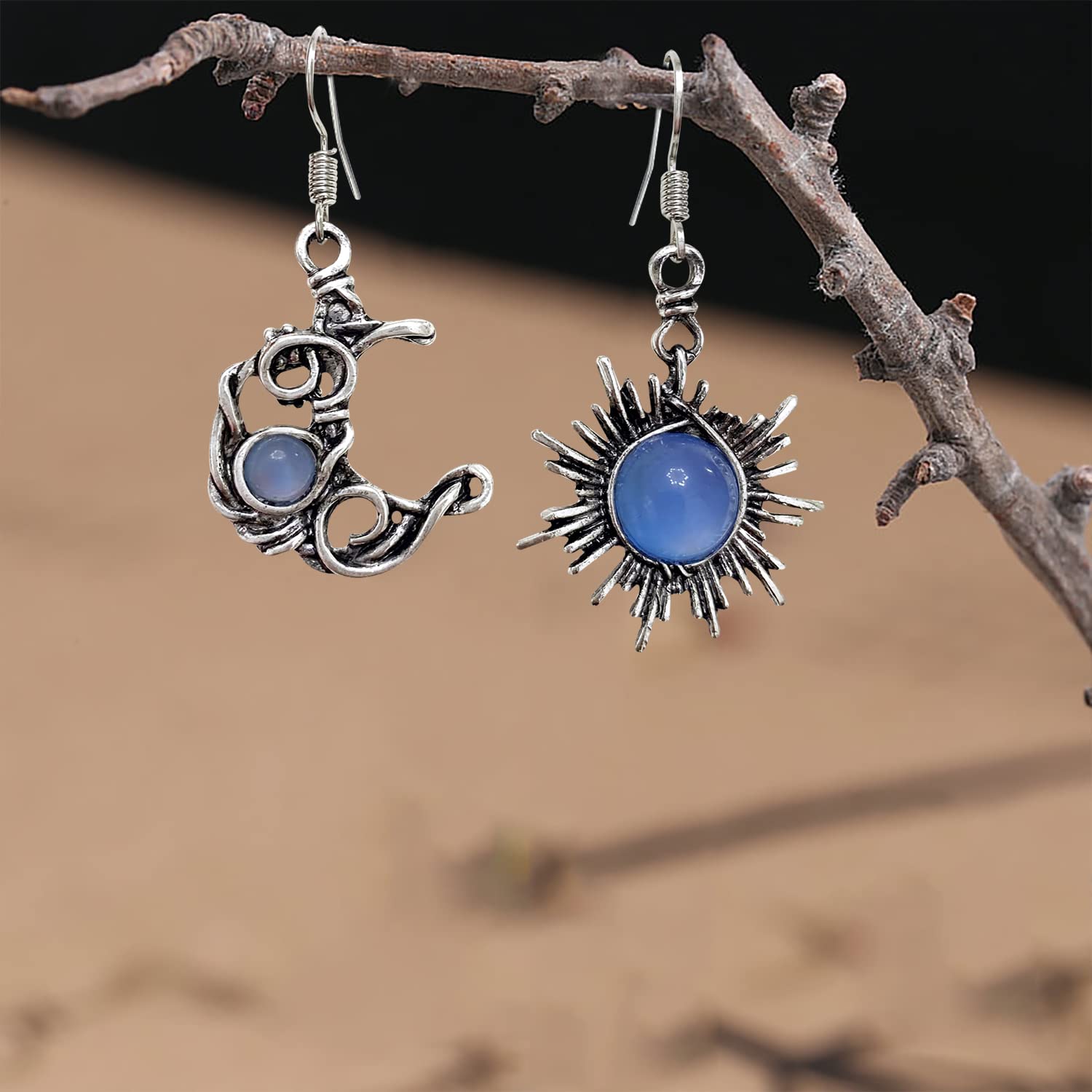 GBAHFY Opal Sun and Moon Dangle Earrings Asymmetry Moonstone Earrings for Women (Blue)