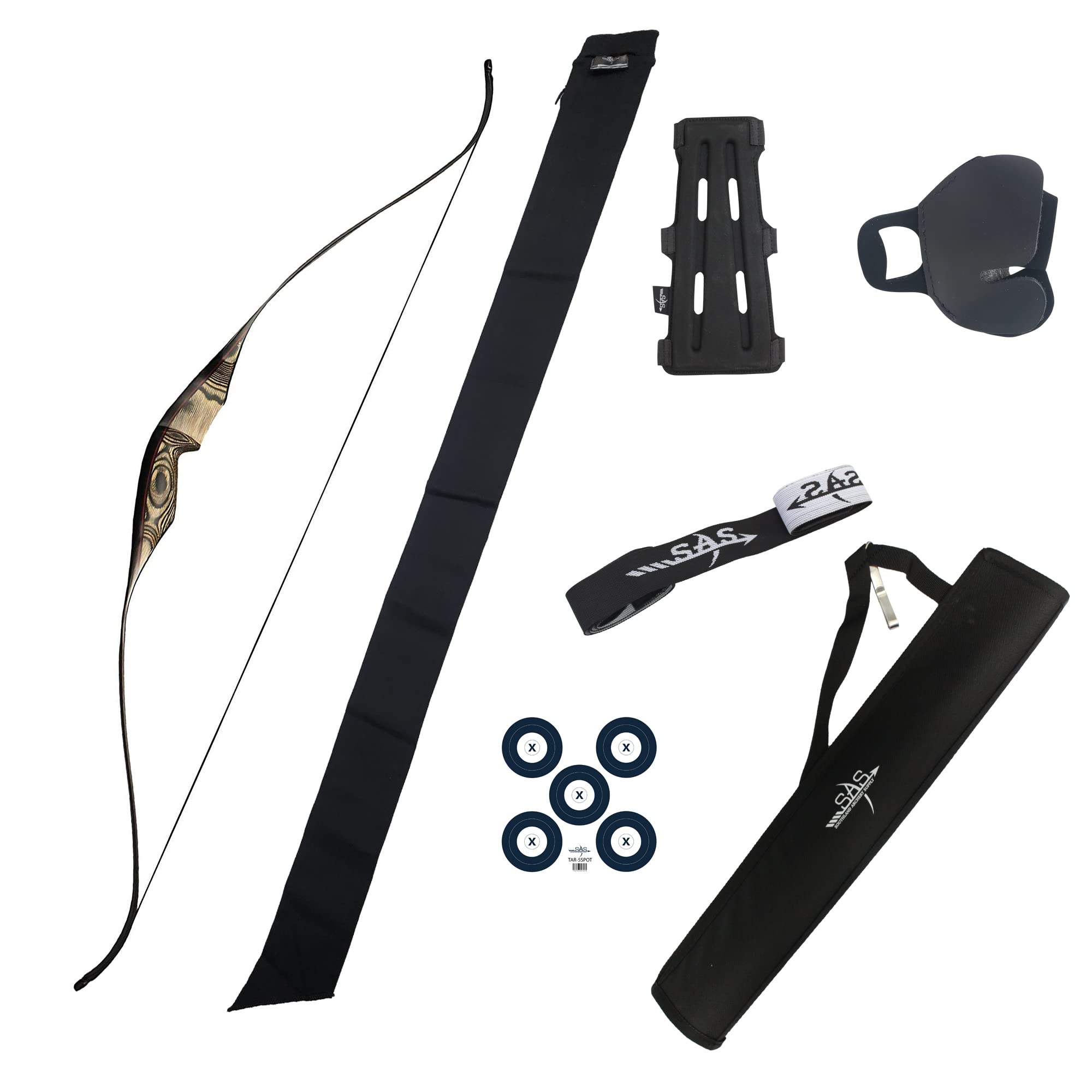 SAS Gravity 60" One-piece Hunting Recurve Bow Package with Finger Tab, Stringer, Armguard, Paper Target Face, Sock Sleeve and Tube Quiver (55lbs., Right Hand)