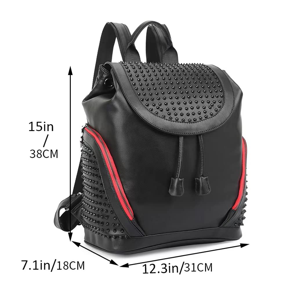 Downupdown® Fashion Backpack Purse Genuine Leather Backpack Rivet Knapsack Drawstring Bucket Bag Casual Backpacks-Black