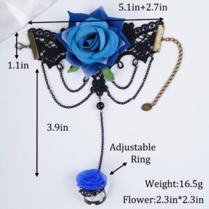 Missgrace Women Vintage Gothic Black Lace Bracelet Ring Bangle Bracelet Metal Crystal Blue Flower Charm Steampunk Lace Black Chain Tassel Bracelet Rings for Women