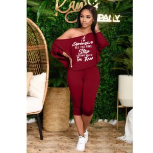 Plus Size Women’s Tracksuit Set 2 Piece Off One Shoulder Pullover Top Drawstring Capri Pants Sportswear Outfits Pajamas Wine Red-L