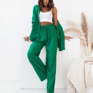 MYBFYABO Women's 2 Piece Casual Outfits Solid Graphic Button Shirt and Loose High Waist Wide Leg Palazzo Pants Set Shorts(Green 2,S)