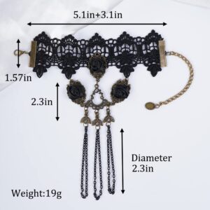 Missgrace Dainty Vintage Gothic Halloween Black Lace Bracelet with Ring Bangle Bracelet Metal Black Crystal Charm Steampunk Lace Black Slave Hand Chain Tassel Bracelet Rings for Women