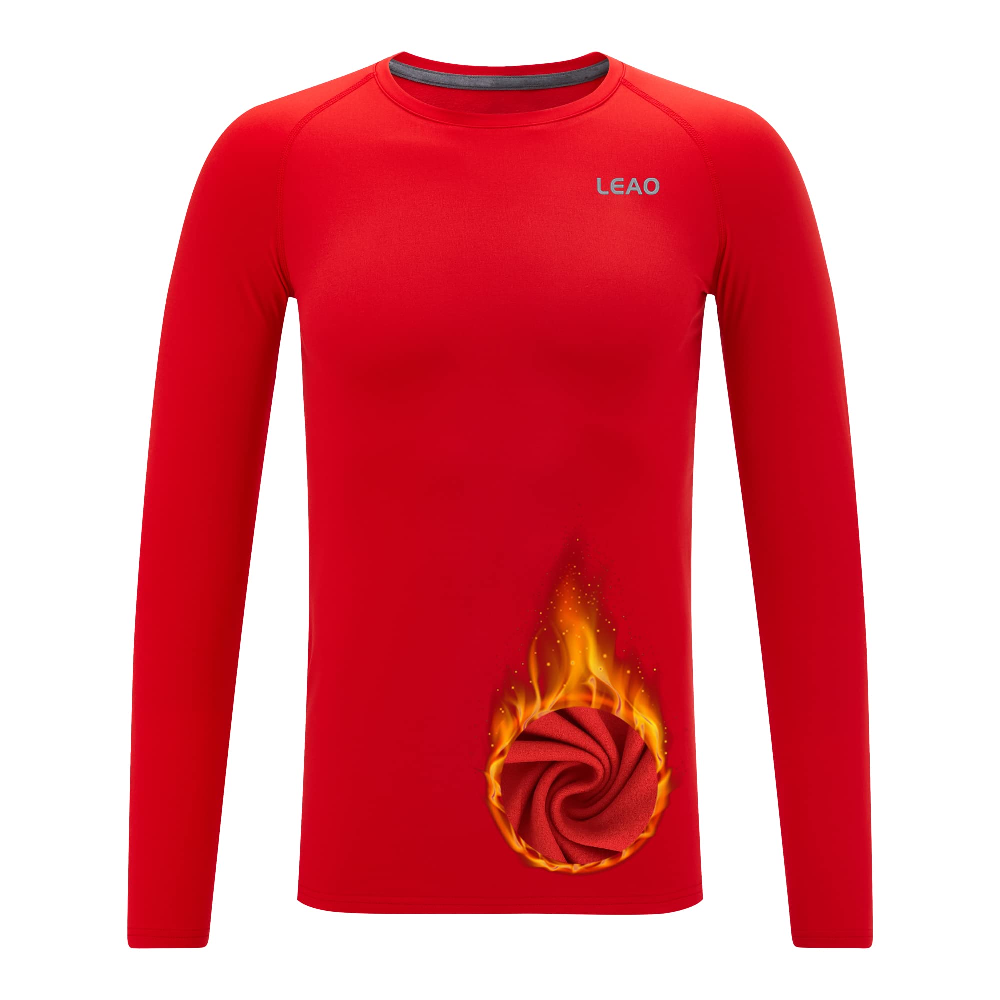 LEAO Youth Boys Compression Shirt Long Sleeve Fleece Quick Dry Sports Baselayer Soccer Baseball Basketball Undershirt Red L