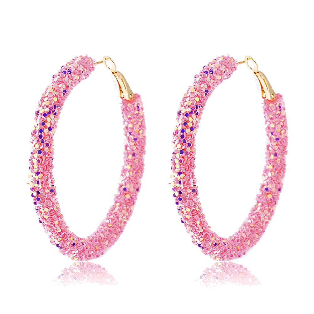 Bohemian Shiny Glitter Sequins Hoop Earrings Wrapped Gold Plated Circle Statement Rhinestone Dangle Drop Earrings for Women Boho Jewelry-rose