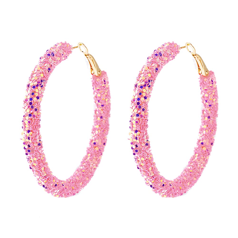 Bohemian Shiny Glitter Sequins Hoop Earrings Wrapped Gold Plated Circle Statement Rhinestone Dangle Drop Earrings for Women Boho Jewelry-rose