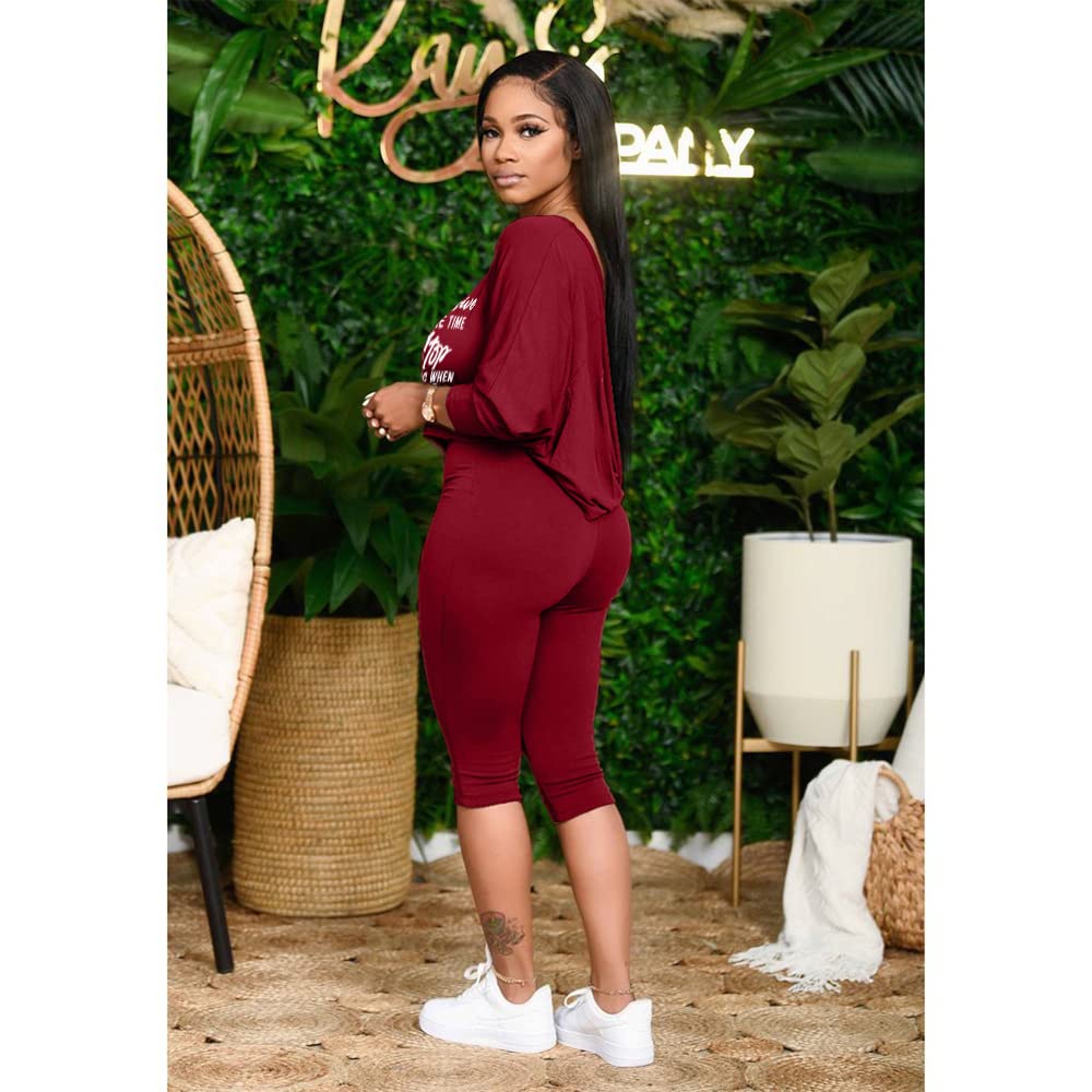 Plus Size Women’s Tracksuit Set 2 Piece Off One Shoulder Pullover Top Drawstring Capri Pants Sportswear Outfits Pajamas Wine Red-L