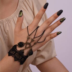 Missgrace Dainty Vintage Gothic Halloween Black Lace Bracelet with Ring Bangle Bracelet Metal Black Crystal Charm Steampunk Lace Black Slave Hand Chain Tassel Bracelet Rings for Women