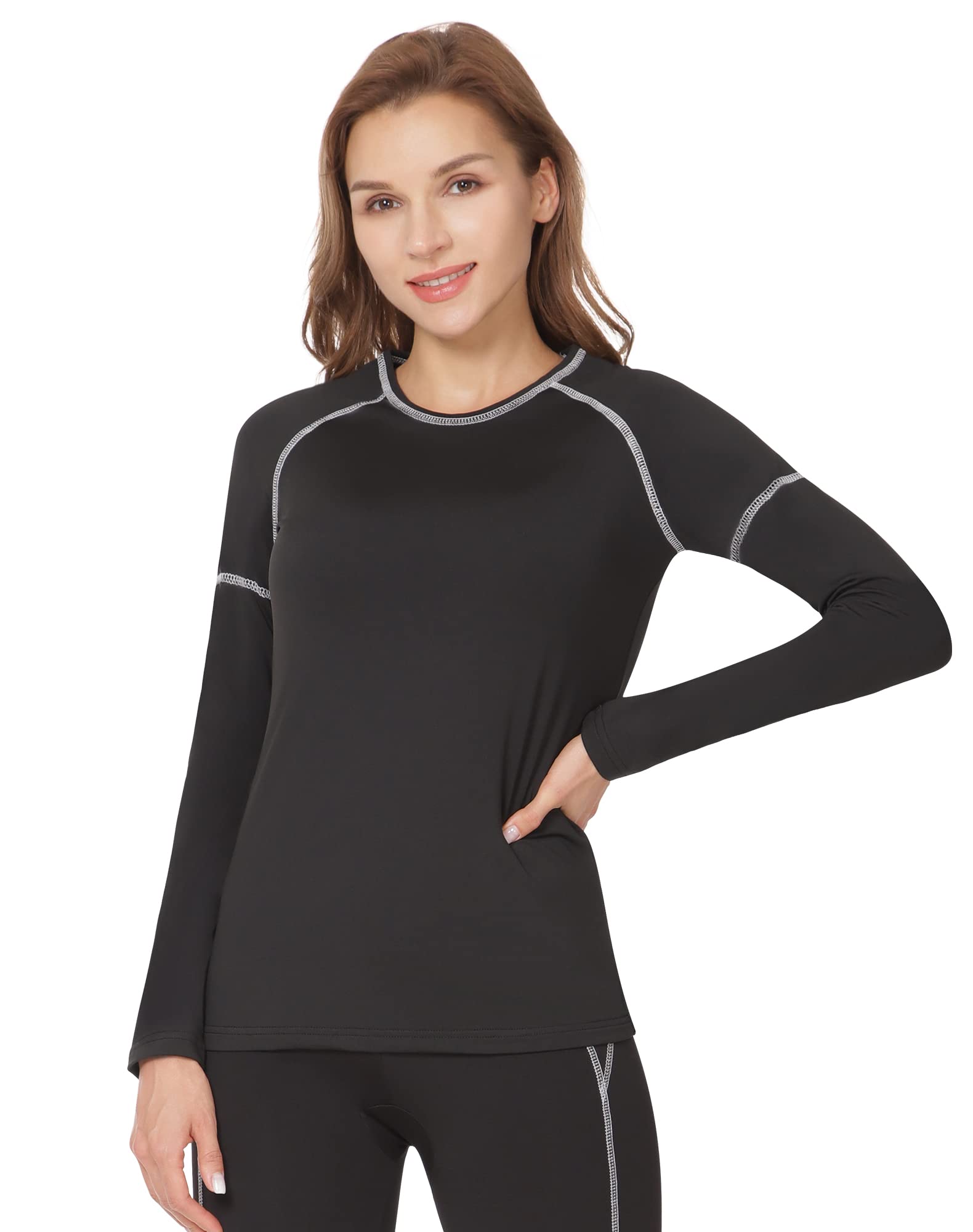 MANCYFIT Thermal Shirts for Women Fleece Lined Tops Long Sleeve Undershirts for Cold Weather Black and White Lines Medium