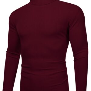 Amussiar Men's Slim Fit Base Layer Shirts Casual Ribbed Tops Thermal Turtleneck Pullover Sweater Wine Red