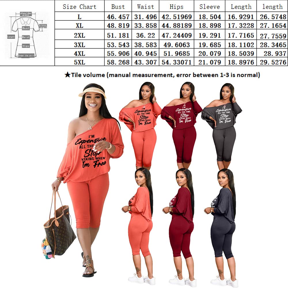 Plus Size Women’s Tracksuit Set 2 Piece Off One Shoulder Pullover Top Drawstring Capri Pants Sportswear Outfits Pajamas Wine Red-L