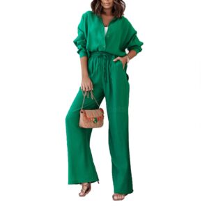 mybfyabo women's 2 piece casual outfits solid graphic button shirt and loose high waist wide leg palazzo pants set shorts(green 2,s)