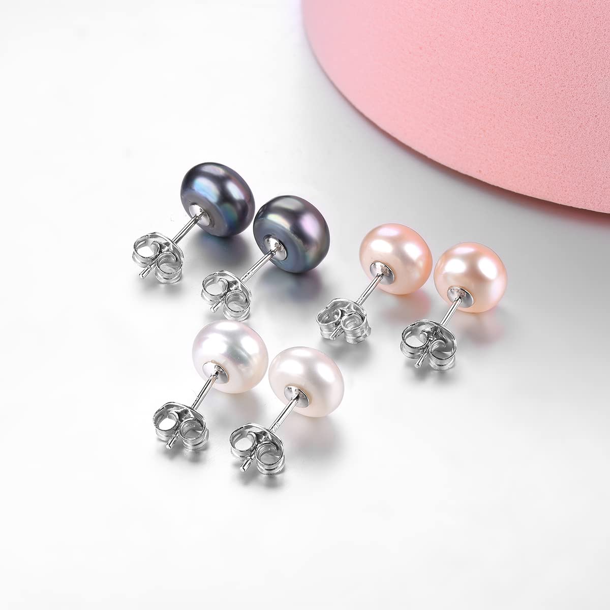 ZhenCai 3 Pairs Freshwater Pearl Stud Earrings for Women S925 Sterling Silver June Birthstone Studs Rhodium Plated Classic Style Fine Jewelry for Birthday Mother's Day (White+Black+Pink)