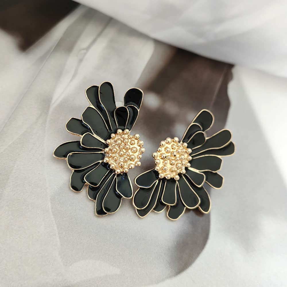 Gold Flower Stud Earrings Vintage Exaggerated Daisy Flower Big Earrings for Women (Black)