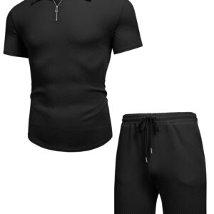 URRU Men's Polo Shirt and Shorts Set Summer Outfits Fashion Casual Short Sleeve Polo Suit for Men 2 Piece Short Set Black XL