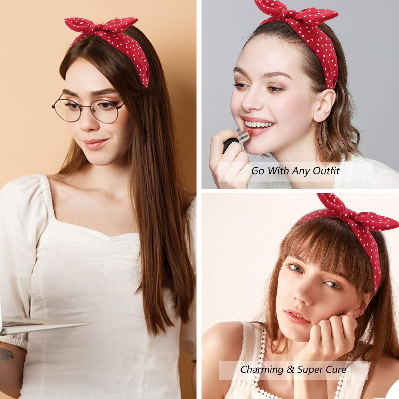 Jaciya Bow Headbands for Girls Women Hair Accessories Red Polka Dot Headbands with Bow Knotted Head Band Vintage Bunny Ears Hair Hoop