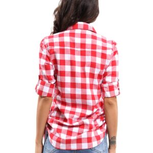 OCHENTA Women's Roll Up Sleeve Button Down Plaid Flannel Shirt Fall Casual Tops M042 Red White M