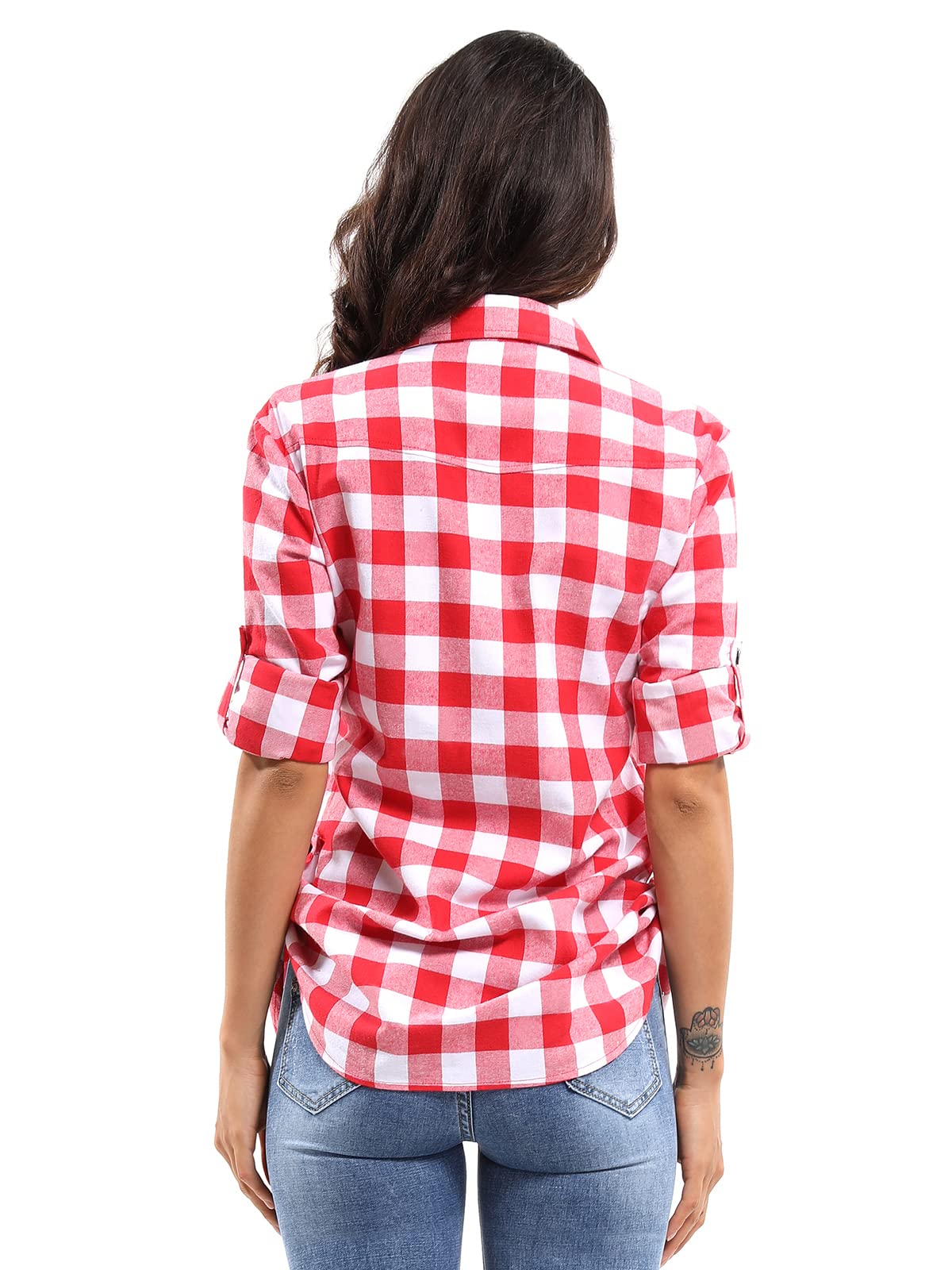 OCHENTA Women's Roll Up Sleeve Button Down Plaid Flannel Shirt Fall Casual Tops M042 Red White M