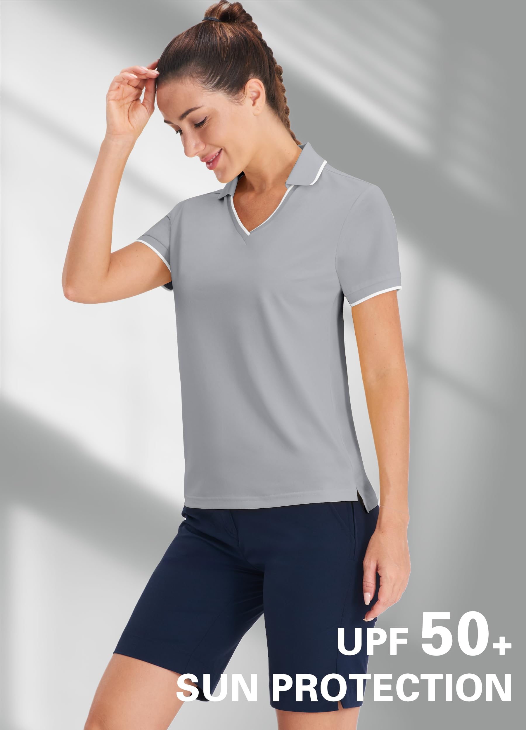 Hiverlay Women's Golf Polo Shirts for Women UPF 50+ Short Sleeve Workout V Neck Tennis Running T-Shirts Quick Dry Tops Grey m