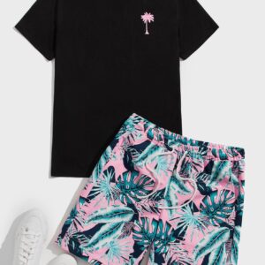 GORGLITTER Men's Tropical Short Set Summer Crewneck Short Sleeve T Shirt and Shorts Sets 2 Pieces Outfit Black Large