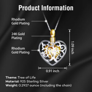 Urn Necklace for Ashes 925 Sterling Silver Pendant 24K Gold Plated Tree of Life Cremation Jewelry Vintage Luxury Gift for Women Grandma Mom Sister w/Funnel Filler