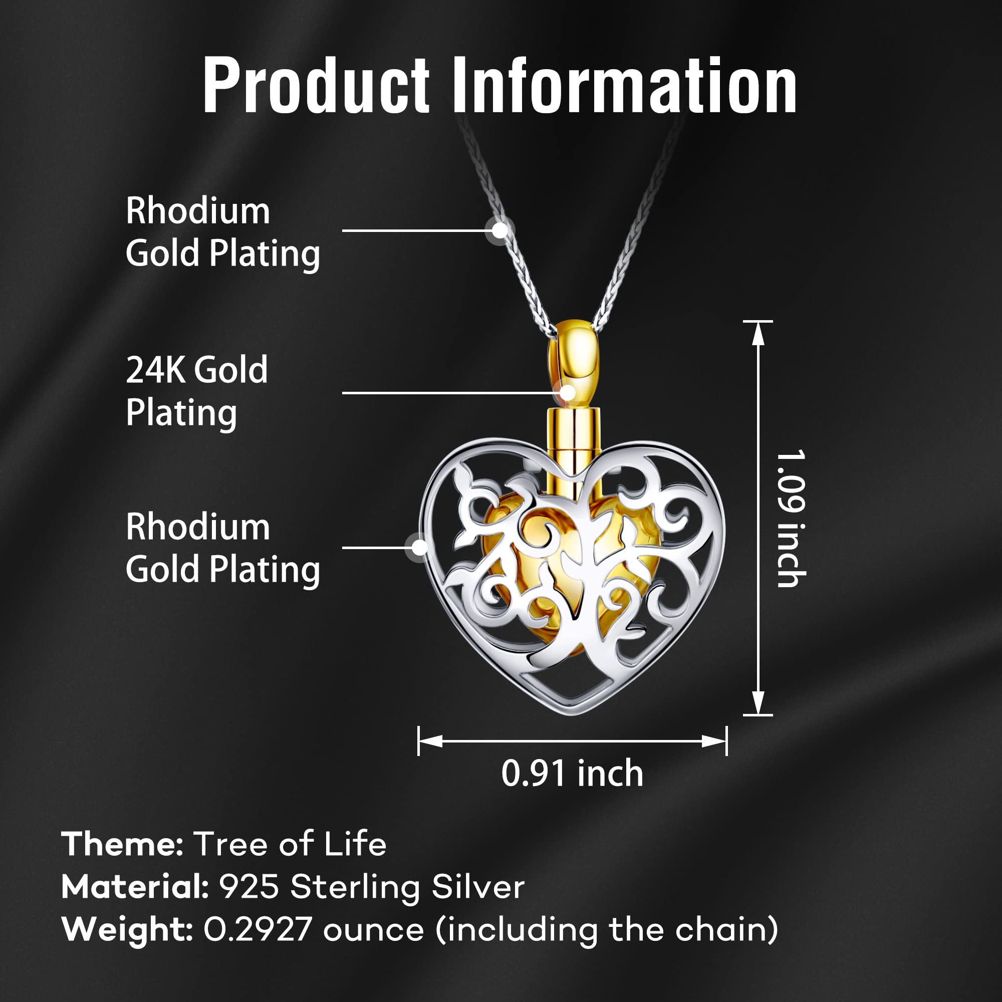 Urn Necklace for Ashes 925 Sterling Silver Pendant 24K Gold Plated Tree of Life Cremation Jewelry Vintage Luxury Gift for Women Grandma Mom Sister w/Funnel Filler