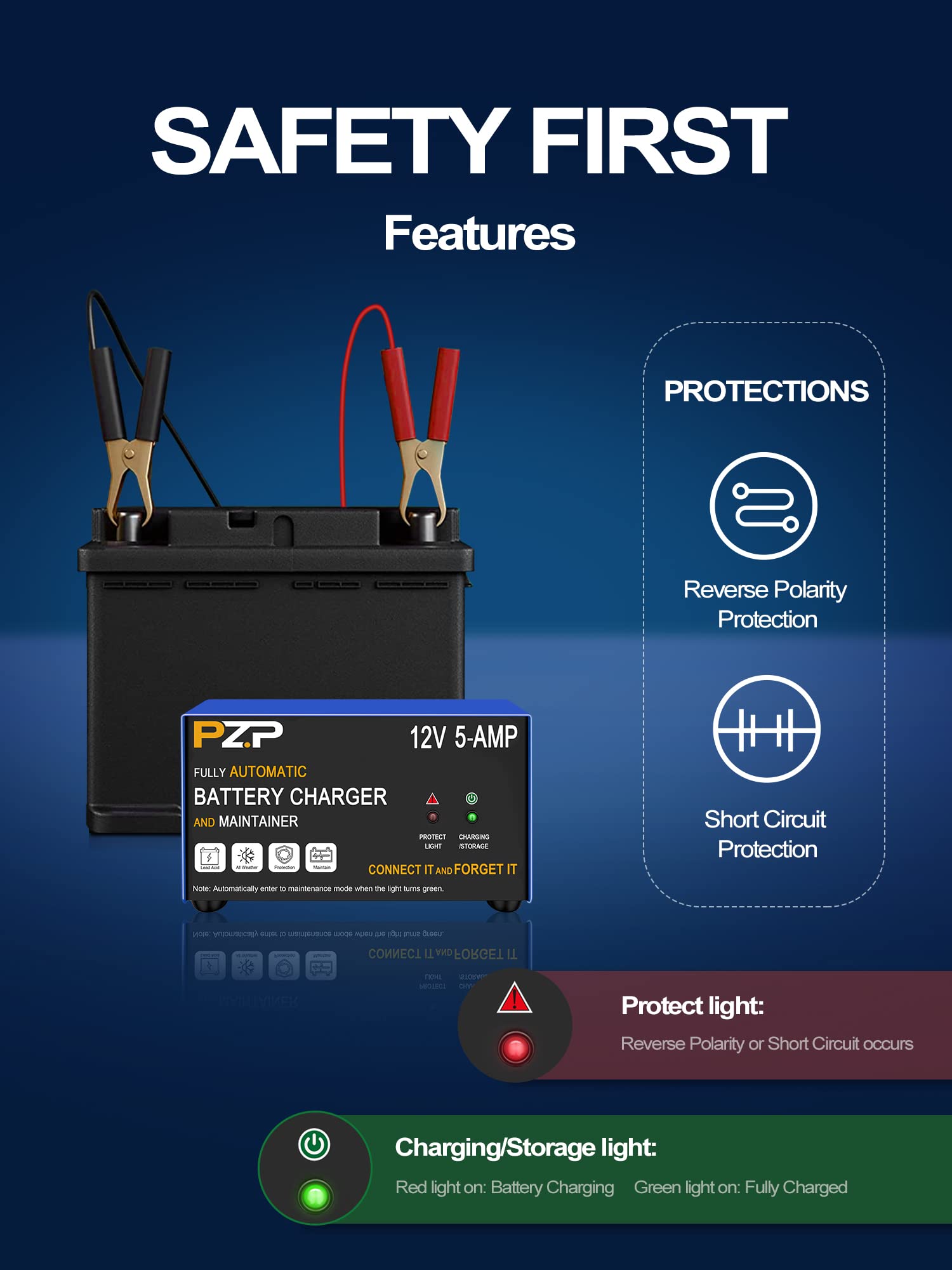 PZ.P 12v Smart Car Battery Charger, 5Amp Fully-Automatic Trickle Charger, Battery Desulfator with Auto Repair, 12 Volt Battery Maintainer, Winter Mode, Suitable for AGM, Deep Cycle, Lawn Mower, RV