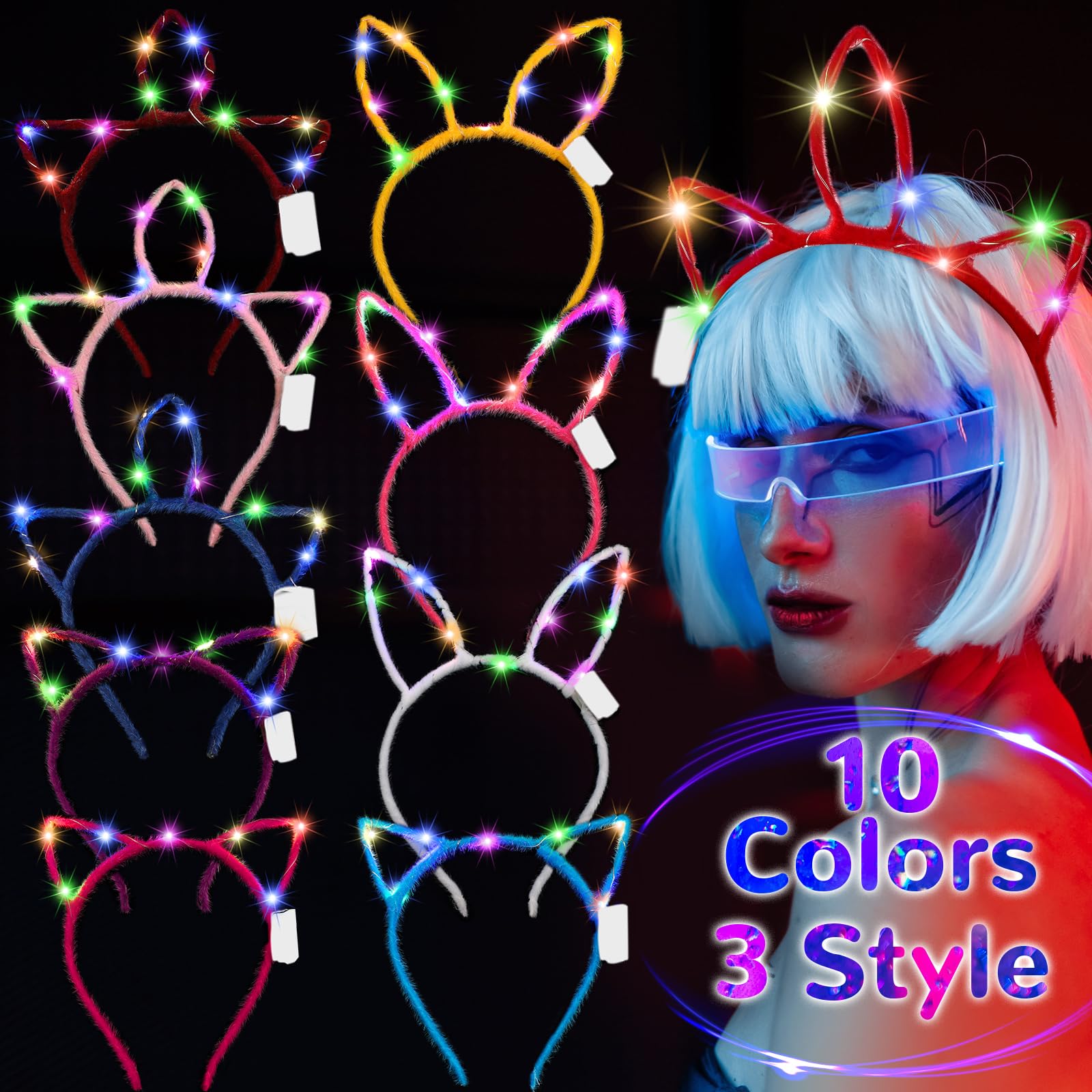 Janinka 30 Pcs LED Glow in the Dark Headband Set, 10 Cute Cat Ears Luminous Headband 10 Rabbit Bunny Ear Hairband 10 Unicorn style Light up Headband for Women Girls Birthday Party Supplies