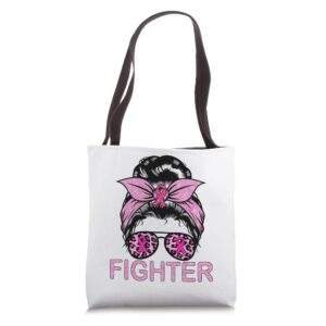 fighter messy bun leopard pink breast cancer awareness tote bag