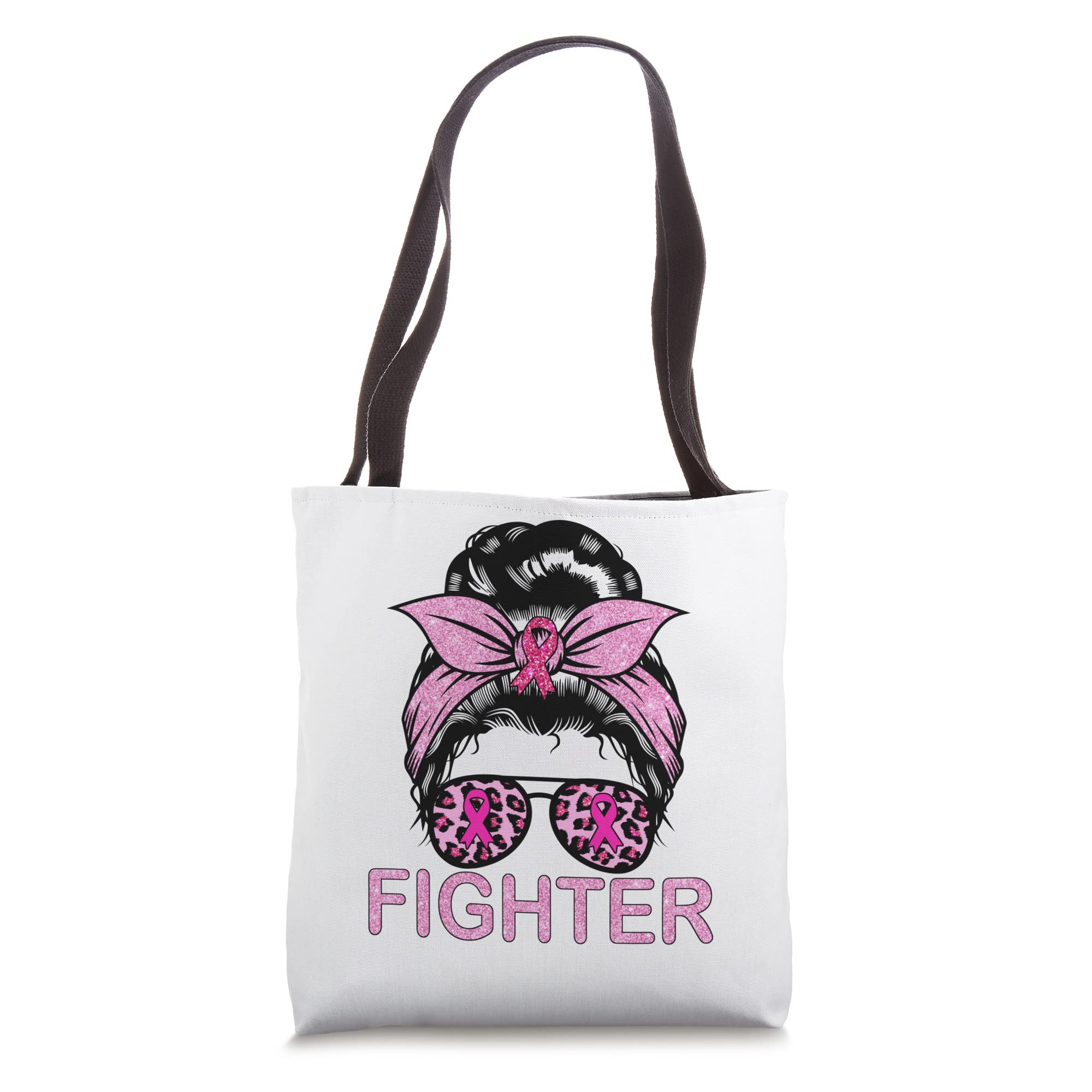 Fighter Messy Bun Leopard Pink Breast Cancer Awareness Tote Bag