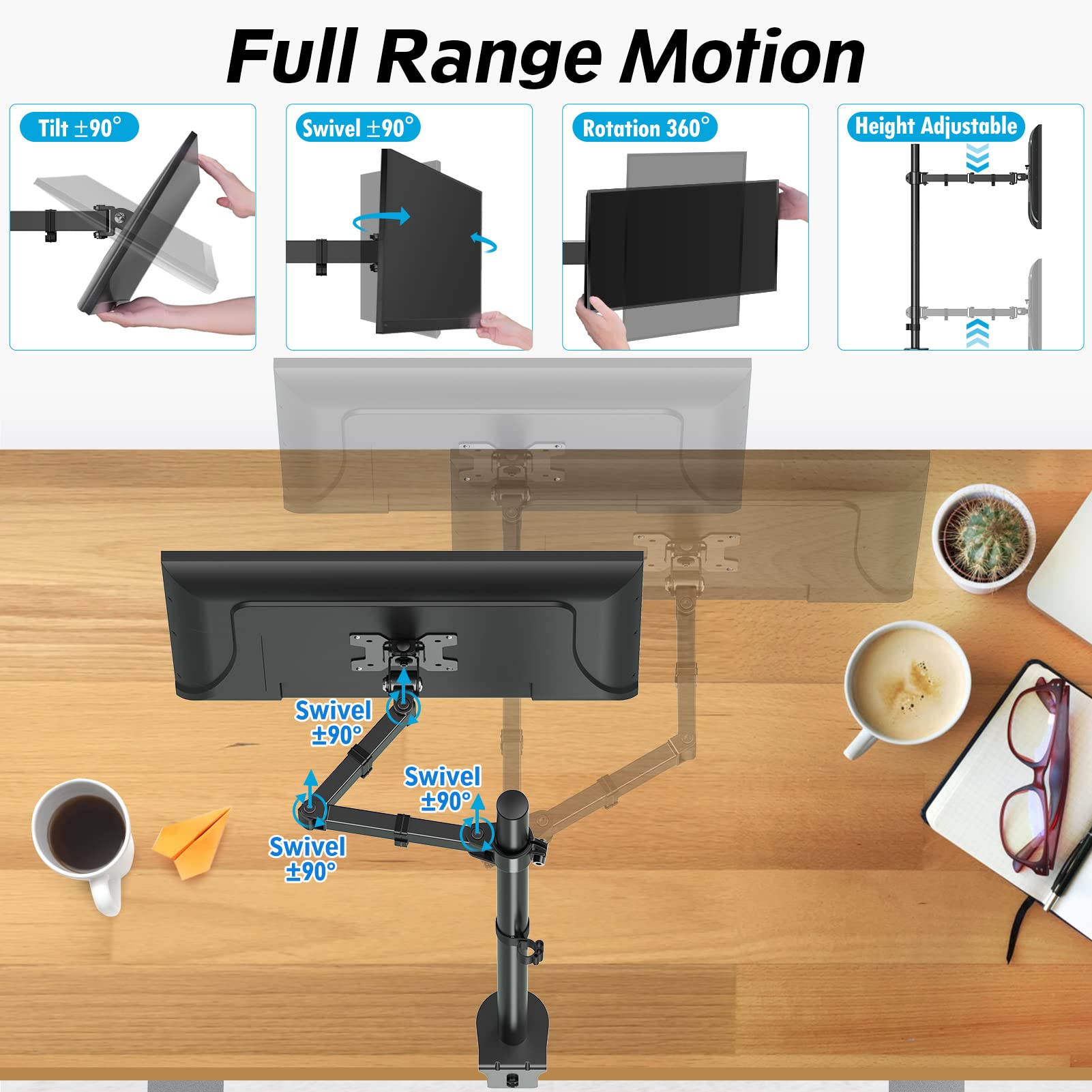 MOUNTUP Single Monitor Desk Mount, Tall Monitor Stand for 13-32 Inch Screen, Fully Adjustable Computer Desk Mount, Articulating Monitor Arm, VESA Mount with Clamp/Grommet Mounting Base, up to 17.6lbs