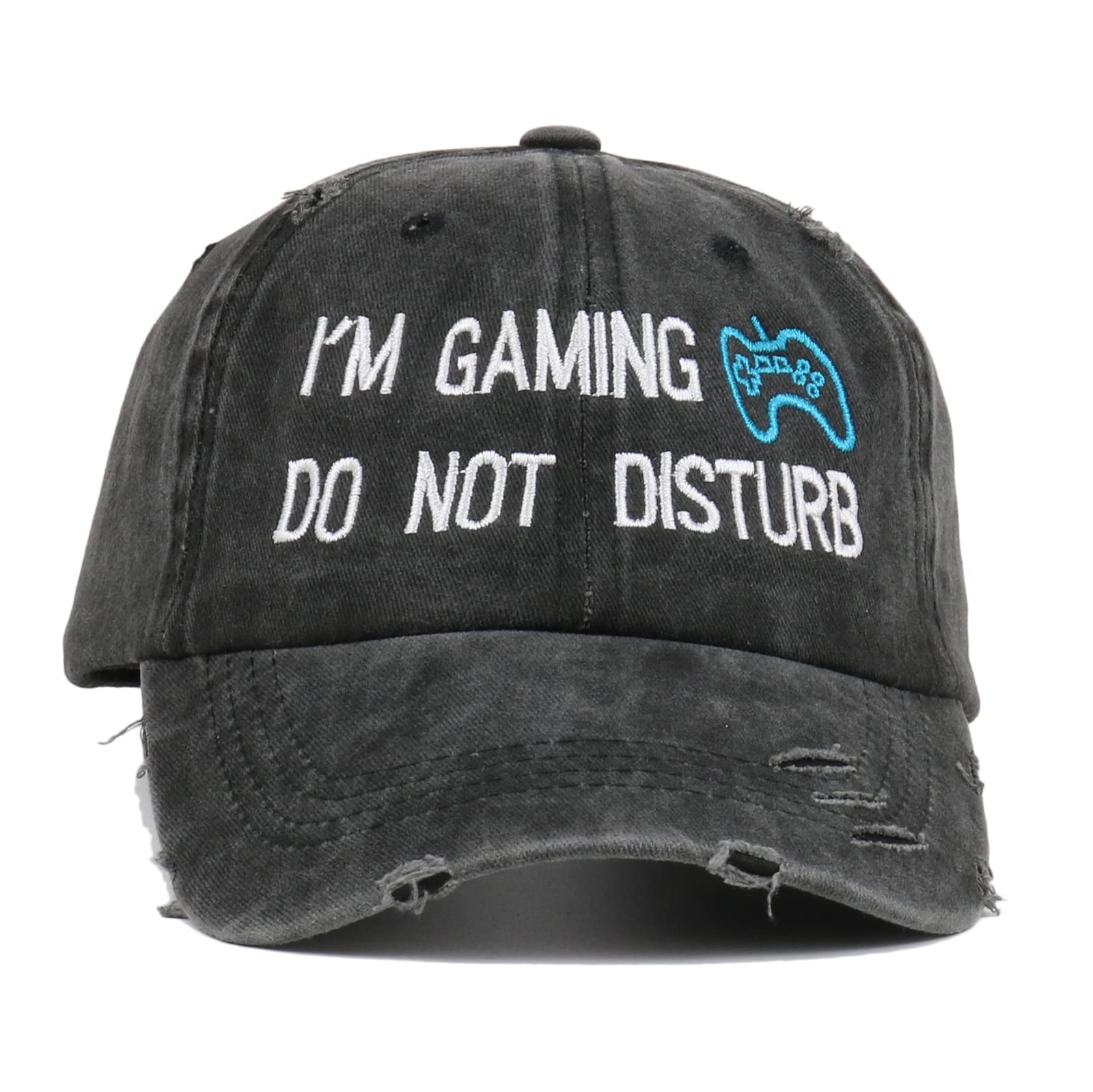 Retro wash Embroidered Baseball Cap Do Not Disturb I'm Gaming Hat Lady with Ponytail Men's Adjustable Cap (Black with Horsetail)