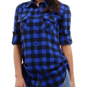 OCHENTA Women's Roll Up Sleeve Button Down Plaid Flannel Shirt Fall Casual Tops D005 Blue Black XS