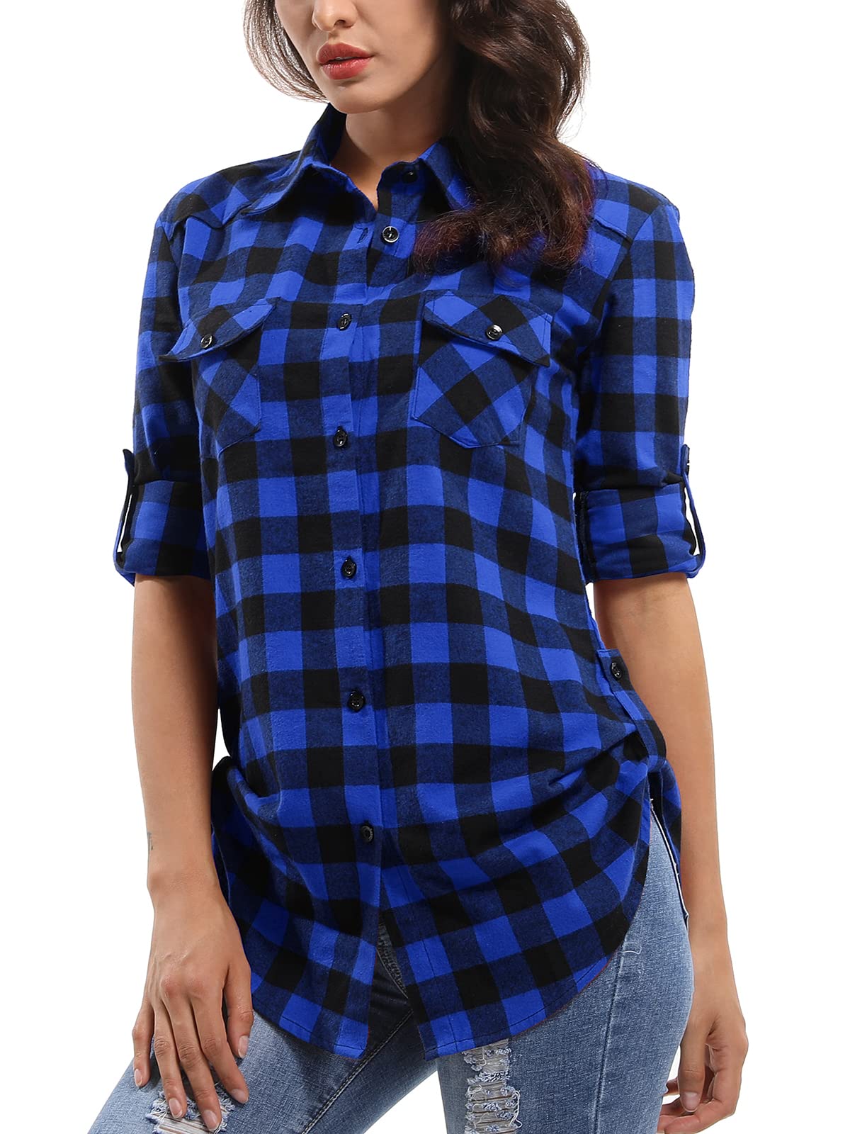 OCHENTA Women's Roll Up Sleeve Button Down Plaid Flannel Shirt Fall Casual Tops D005 Blue Black XS