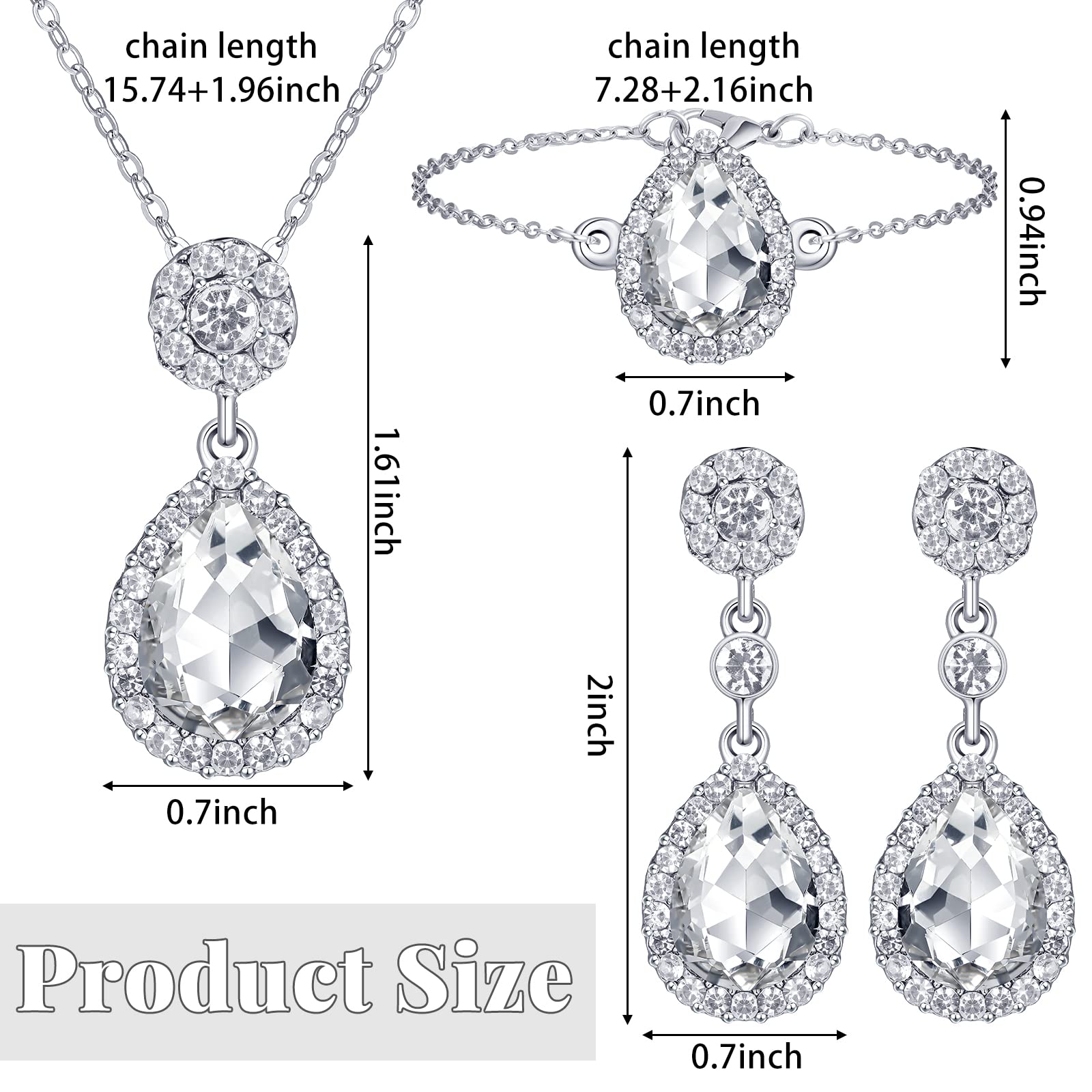 Bridesmaid Jewelry Set for Women 8 Sets Bridal Jewelry Set Wedding Silver Bridal Necklace Teardrop Dangle Earrings Bracelets Bride Prom Jewelry Sets for Women (Silver)