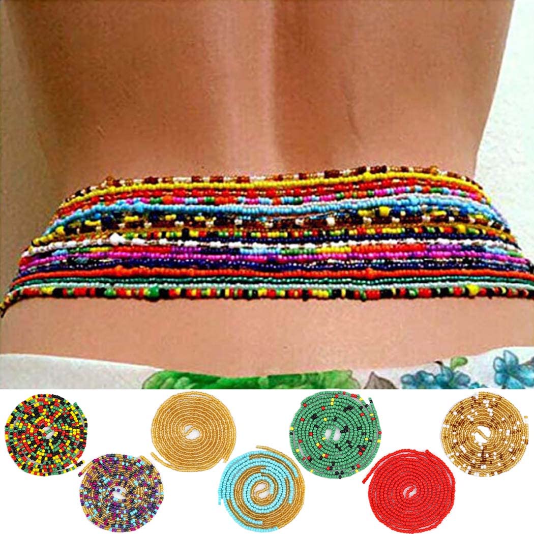 ELABEST Plus Size African Waist Beads Chain Layered Belly Body Chain Beach 7Pack Waist Jewelry Body Accessories for Women (Tie on)