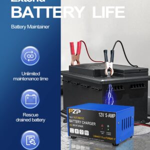 PZ.P 12v Smart Car Battery Charger, 5Amp Fully-Automatic Trickle Charger, Battery Desulfator with Auto Repair, 12 Volt Battery Maintainer, Winter Mode, Suitable for AGM, Deep Cycle, Lawn Mower, RV