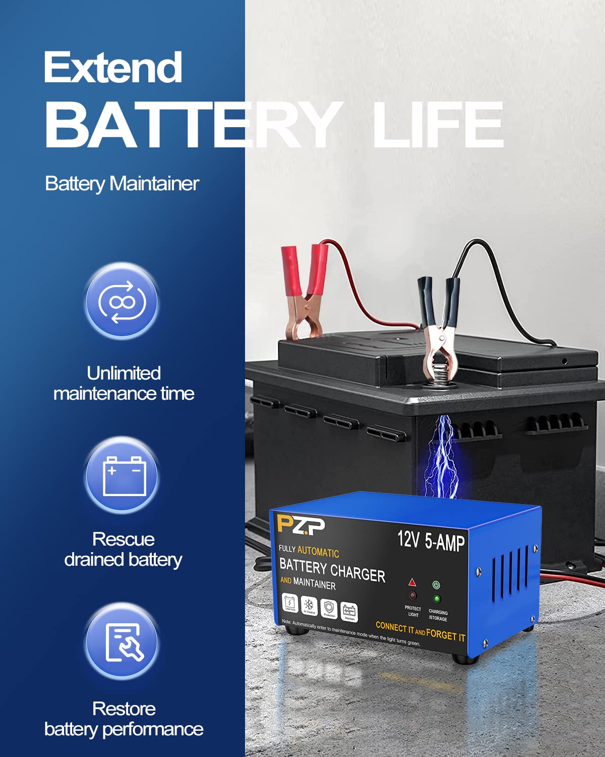 PZ.P 12v Smart Car Battery Charger, 5Amp Fully-Automatic Trickle Charger, Battery Desulfator with Auto Repair, 12 Volt Battery Maintainer, Winter Mode, Suitable for AGM, Deep Cycle, Lawn Mower, RV