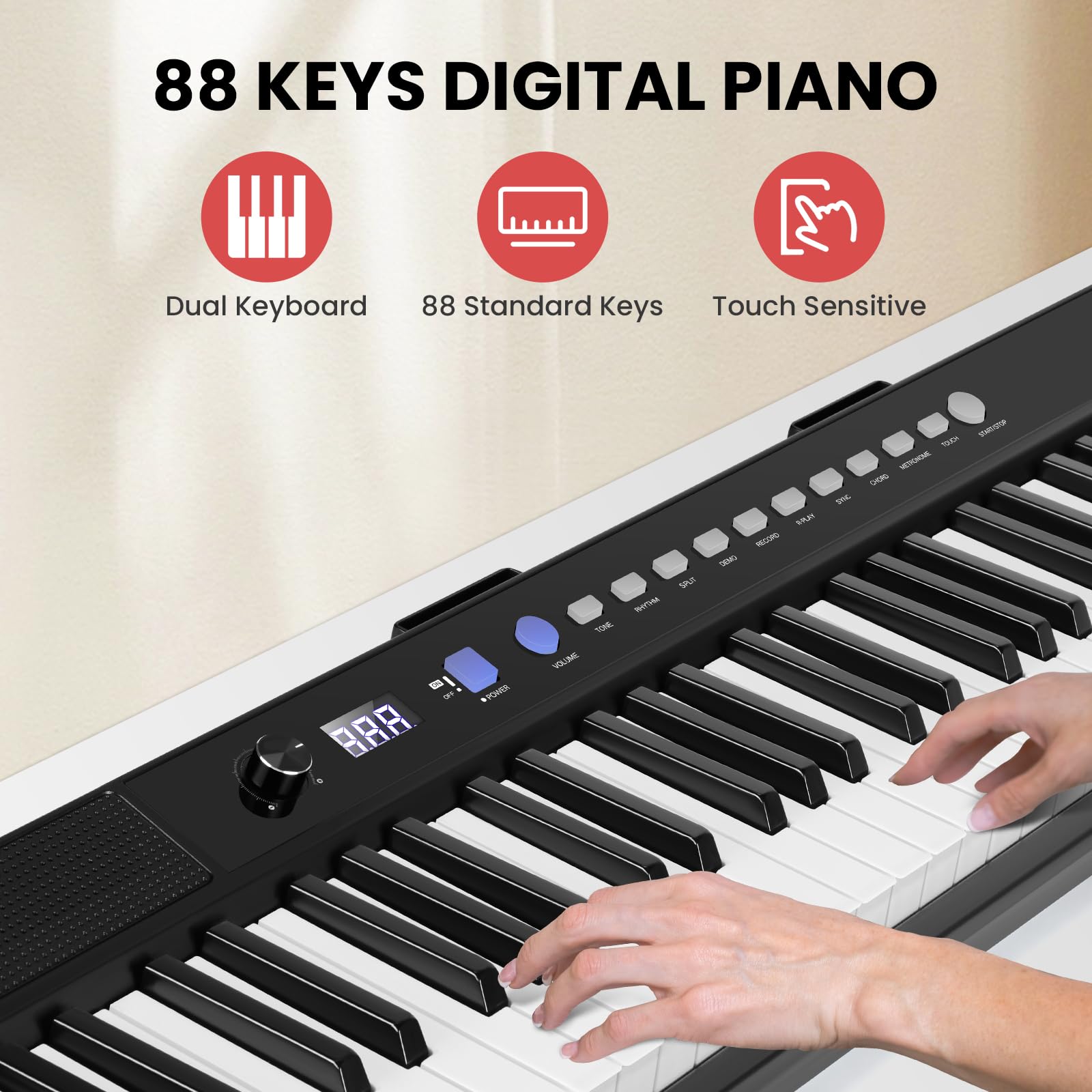 Asmuse Keyboard Piano 88 Key, Digital Piano Full Size Semi Weighted with 2 Speakers, Electric Piano Keyboard for Beginners, Music Keyboard with 128 Rhythms 128 Tones 80 Demo Songs