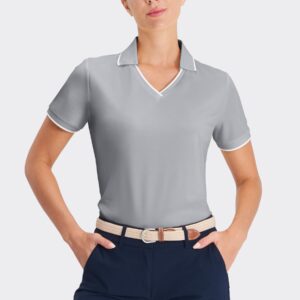 Hiverlay Women's Golf Polo Shirts for Women UPF 50+ Short Sleeve Workout V Neck Tennis Running T-Shirts Quick Dry Tops Grey m