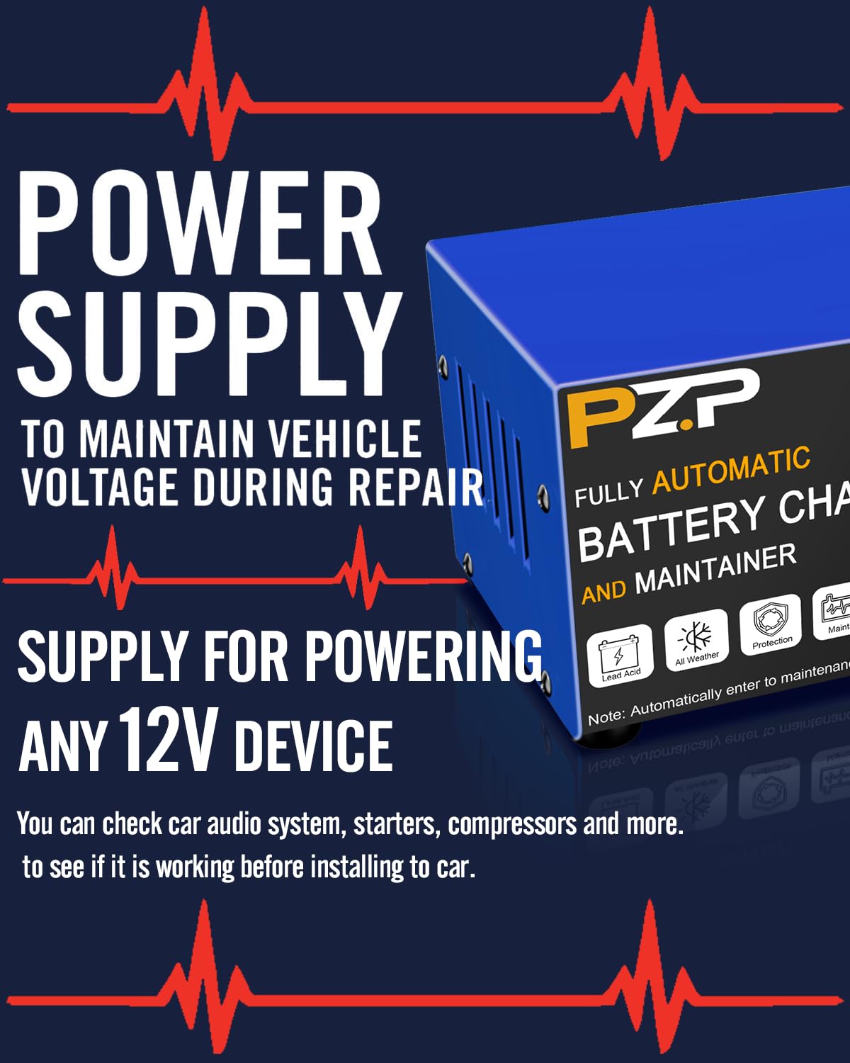 PZ.P 12v Smart Car Battery Charger, 5Amp Fully-Automatic Trickle Charger, Battery Desulfator with Auto Repair, 12 Volt Battery Maintainer, Winter Mode, Suitable for AGM, Deep Cycle, Lawn Mower, RV