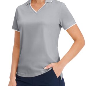 Hiverlay Women's Golf Polo Shirts for Women UPF 50+ Short Sleeve Workout V Neck Tennis Running T-Shirts Quick Dry Tops Grey m