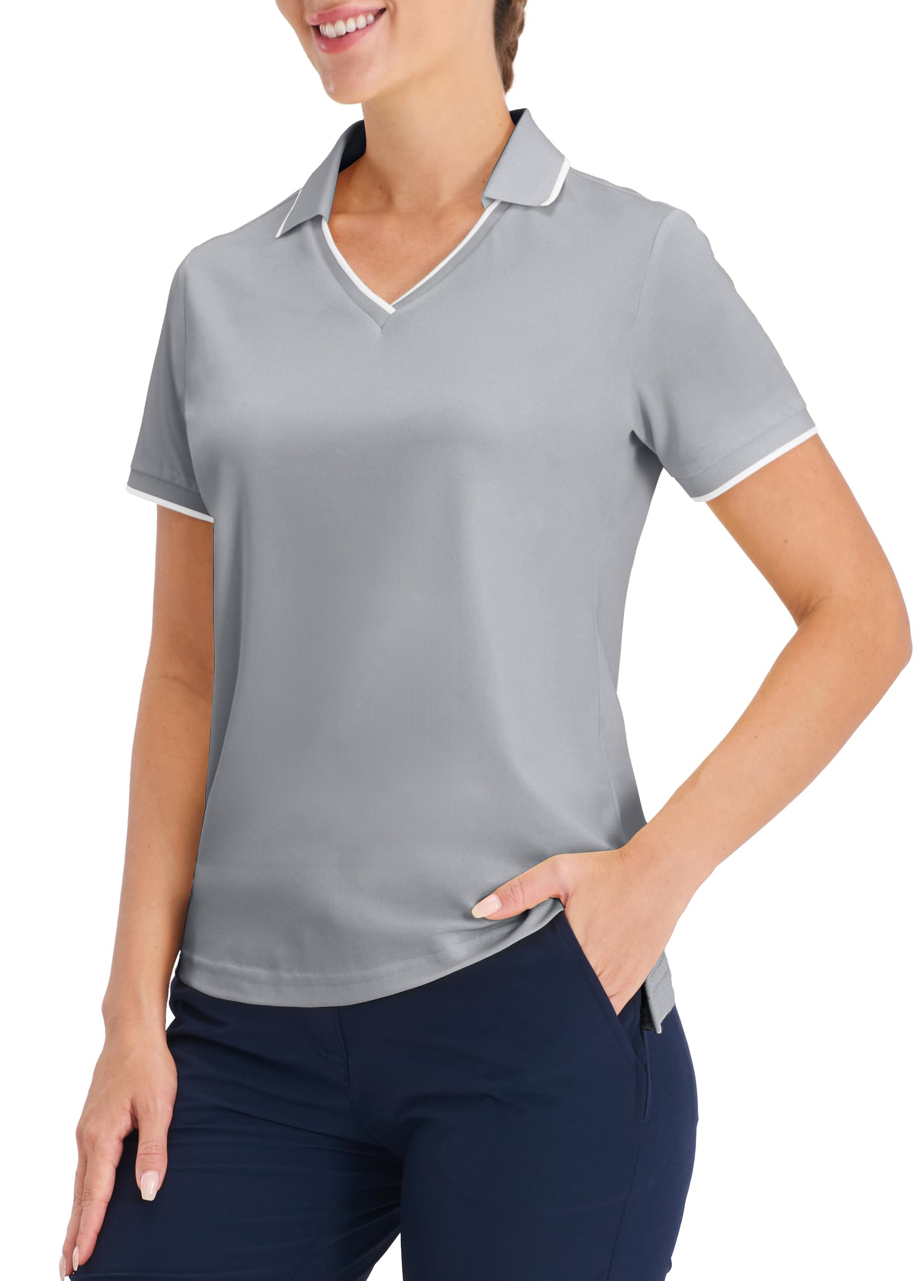 Hiverlay Women's Golf Polo Shirts for Women UPF 50+ Short Sleeve Workout V Neck Tennis Running T-Shirts Quick Dry Tops Grey m