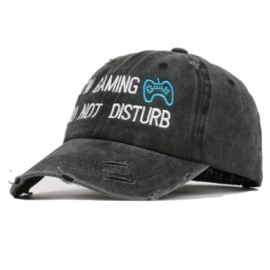 Retro wash Embroidered Baseball Cap Do Not Disturb I'm Gaming Hat Lady with Ponytail Men's Adjustable Cap (Black with Horsetail)