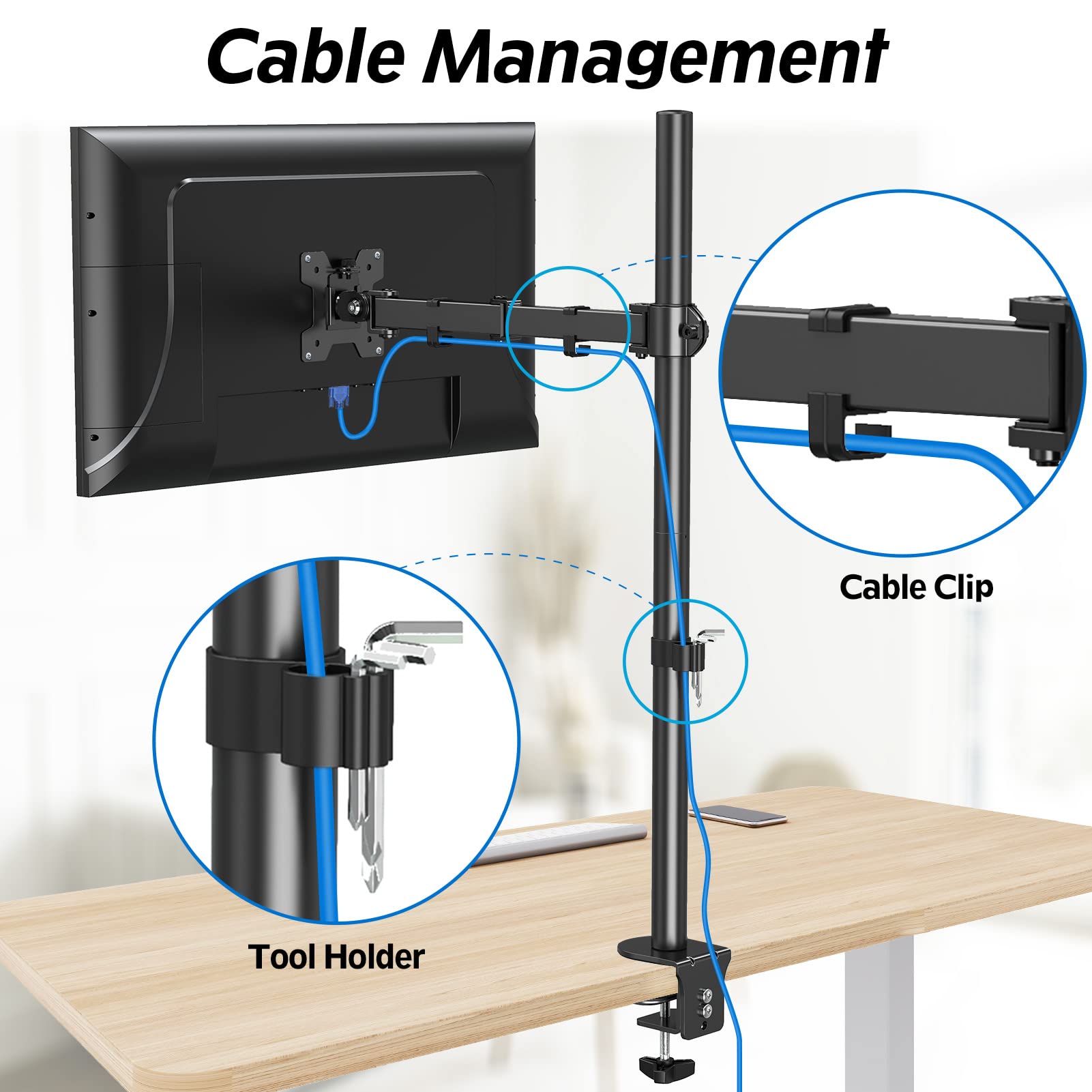 MOUNTUP Single Monitor Desk Mount, Tall Monitor Stand for 13-32 Inch Screen, Fully Adjustable Computer Desk Mount, Articulating Monitor Arm, VESA Mount with Clamp/Grommet Mounting Base, up to 17.6lbs