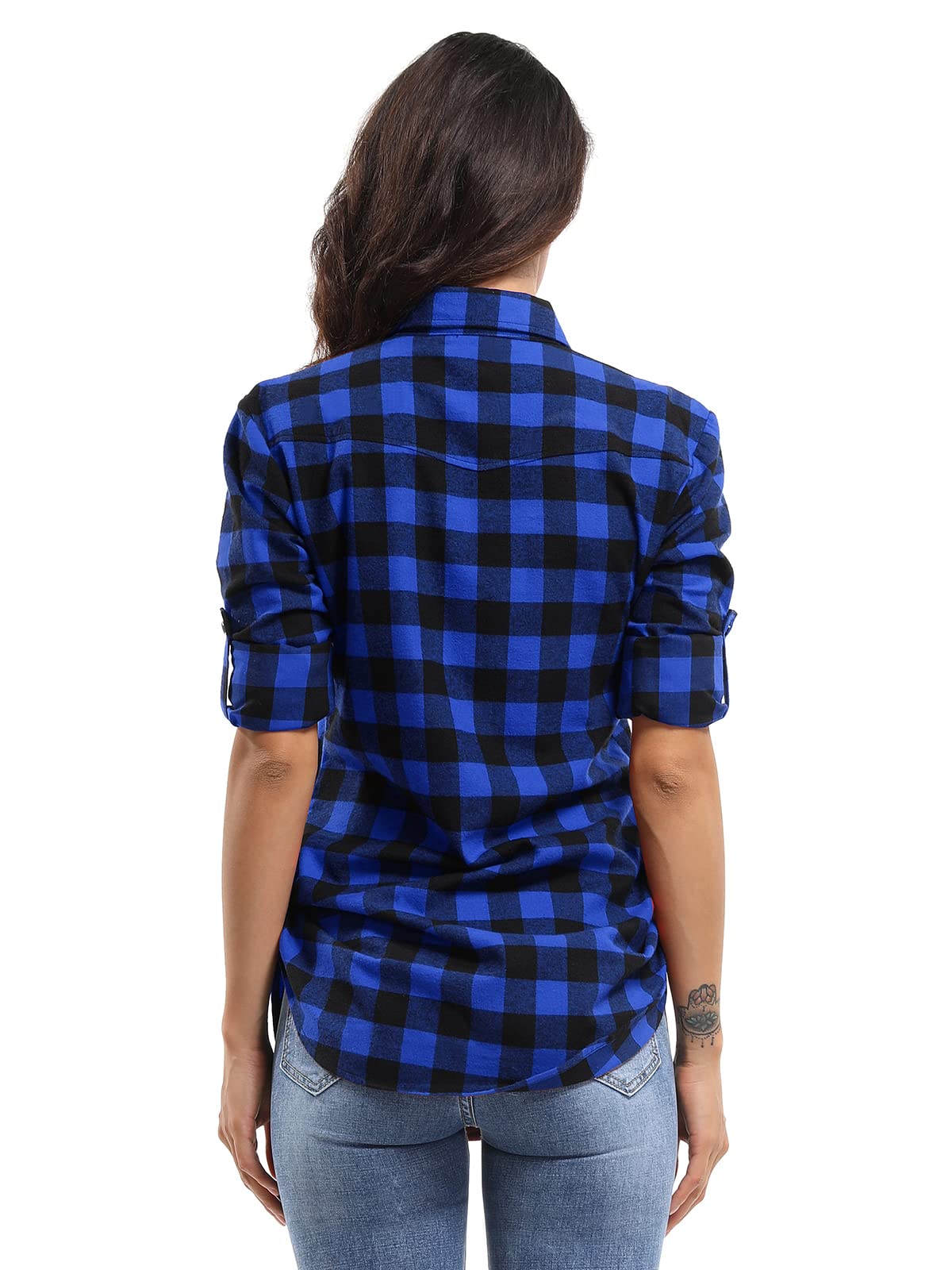 OCHENTA Women's Roll Up Sleeve Button Down Plaid Flannel Shirt Fall Casual Tops D005 Blue Black XS