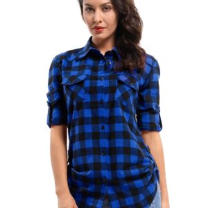 OCHENTA Women's Roll Up Sleeve Button Down Plaid Flannel Shirt Fall Casual Tops D005 Blue Black XS