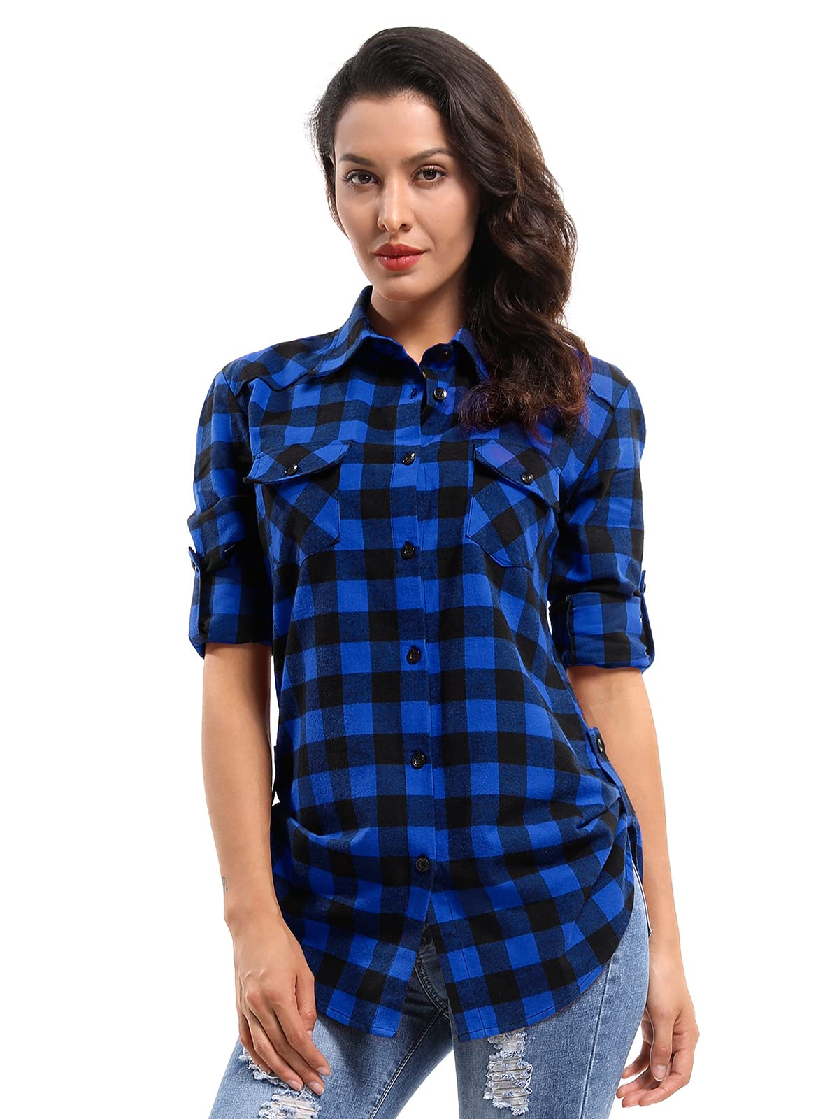 OCHENTA Women's Roll Up Sleeve Button Down Plaid Flannel Shirt Fall Casual Tops D005 Blue Black XS